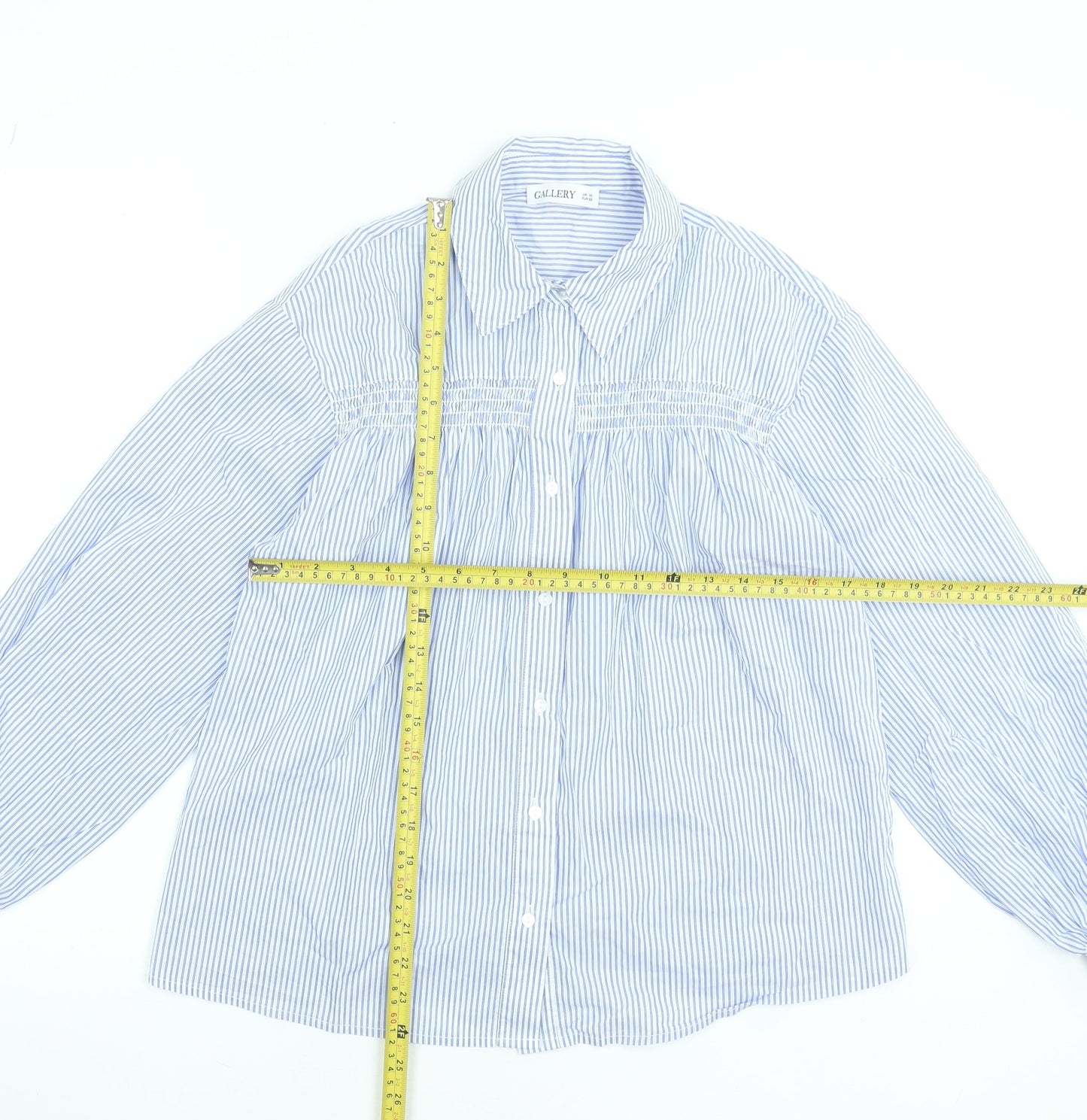 Gallery Women Blue Striped Cotton Blend Long Sleeve Blouse UK 10