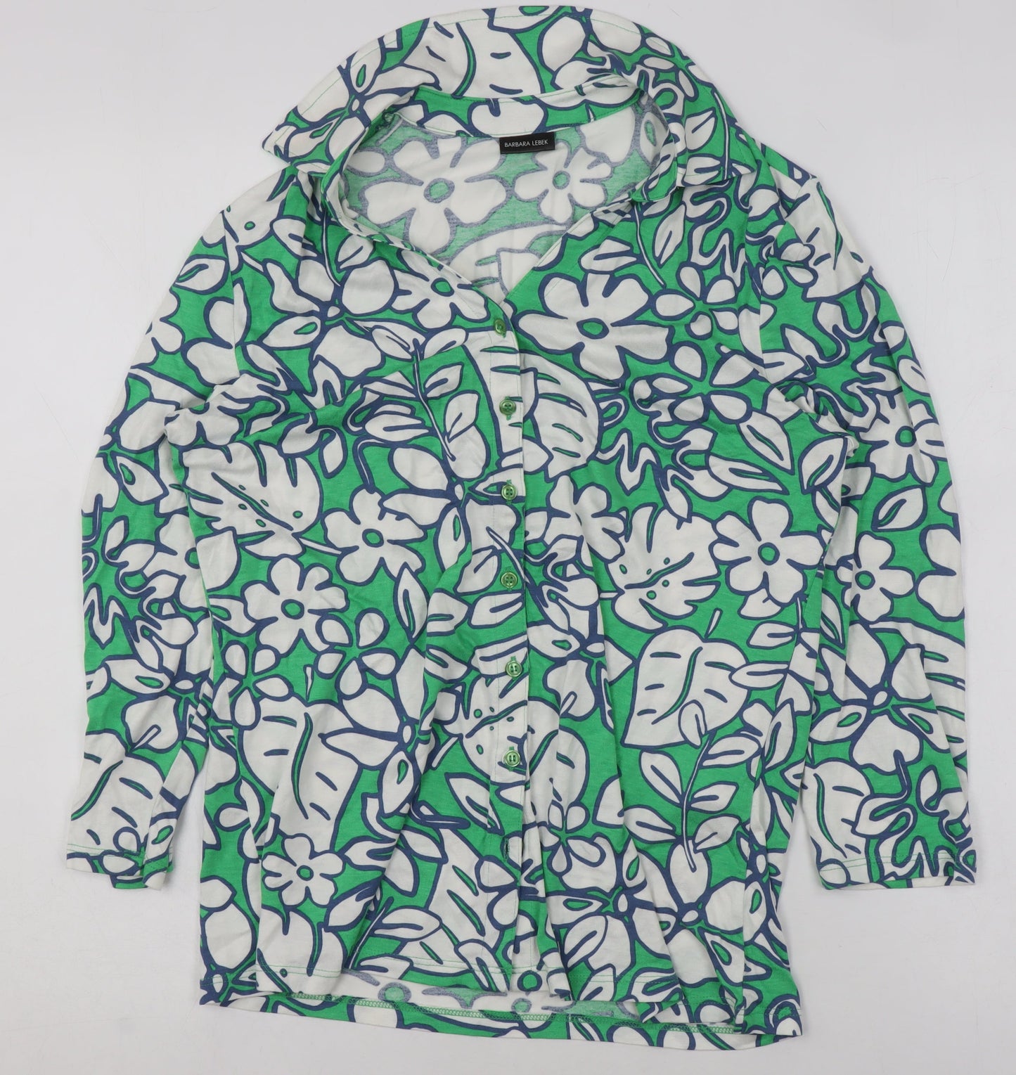 Barbara Lebek Women’s Green Floral Button-Up Tunic Top Size 10
