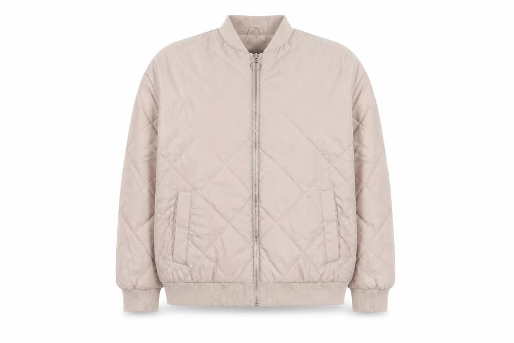 Front view of New Look girls’ beige quilted bomber jacket age 14-15 years
