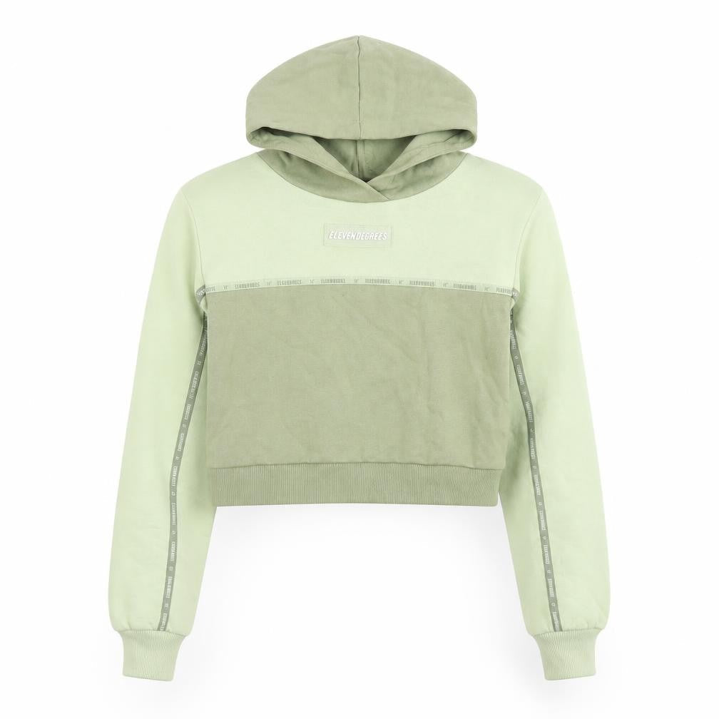 Front view of 11 Degrees women’s green cropped hoodie uk 8 cotton blend logo design