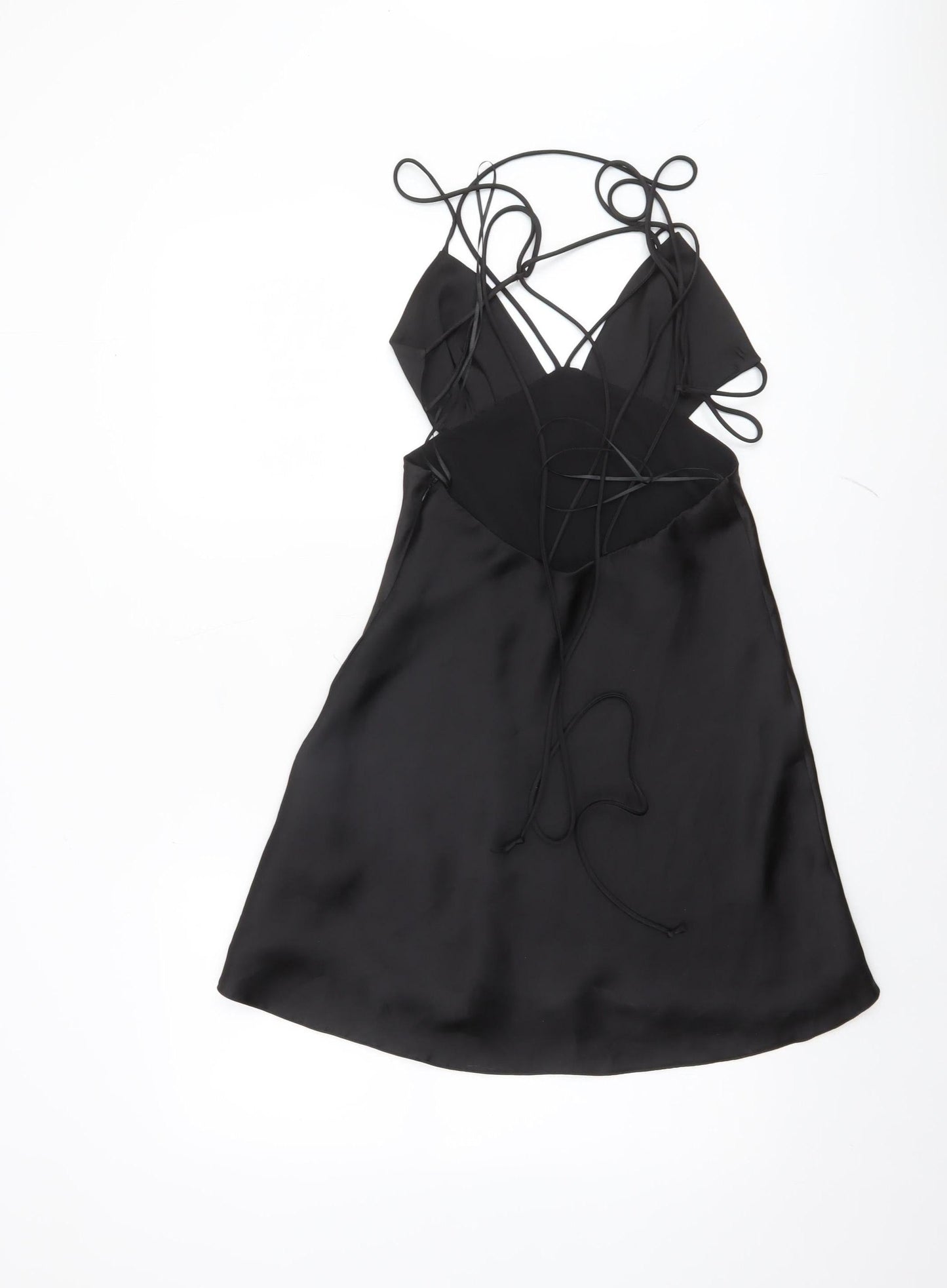 ZARA Women Black Satin Slip Dress M Strappy V-Neck Partywear
