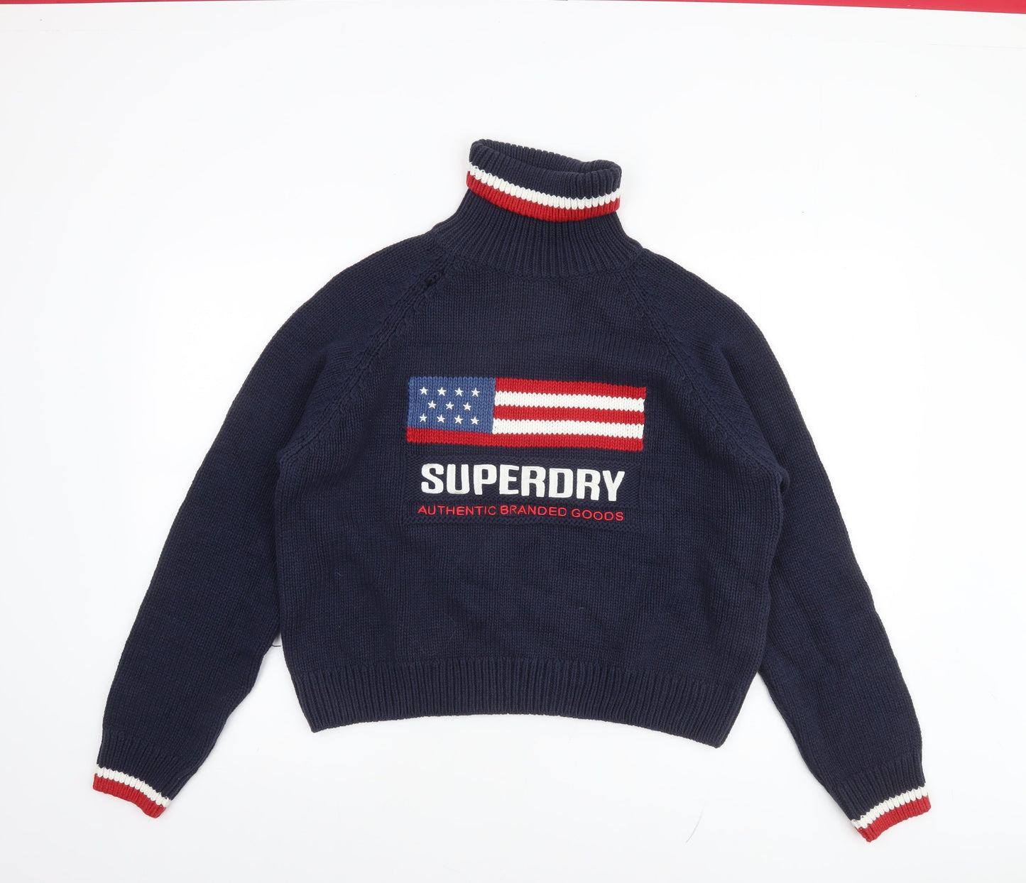 Superdry Women's Blue Roll Neck Chunky Knit Flag Jumper Size 16