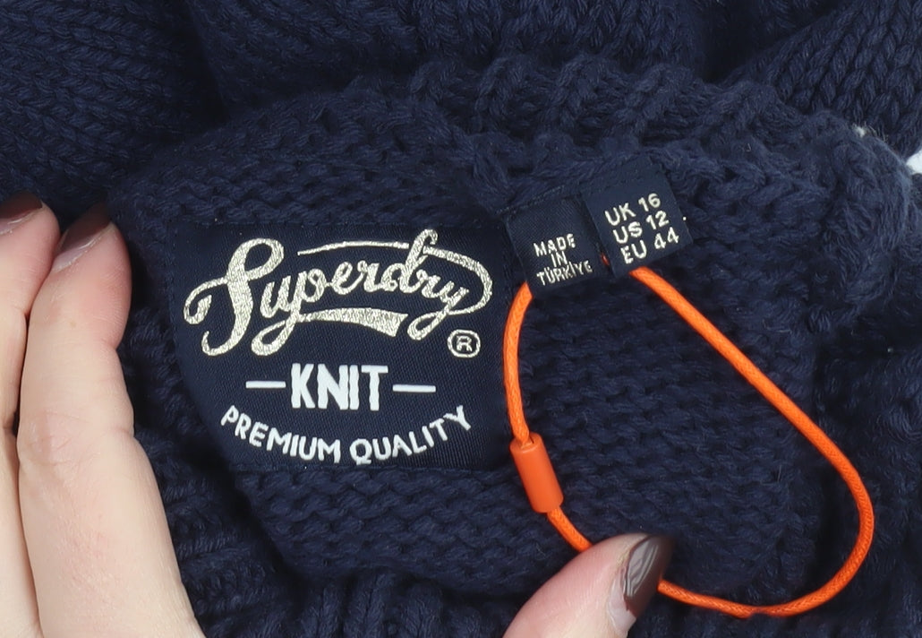 Superdry Women's Blue Roll Neck Chunky Knit Flag Jumper Size 16