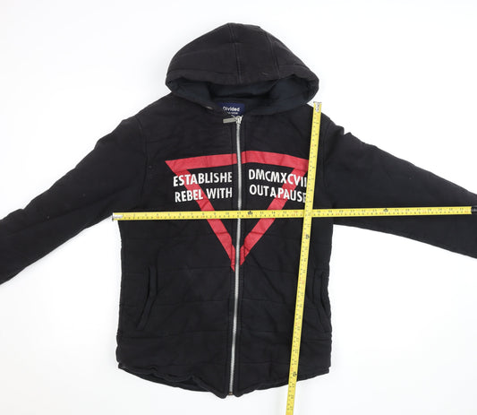 Divided Mens Black Hooded Bomber Jacket L Full Zip Embroidered Casual