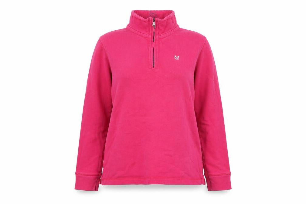 Front view of Crew Clothing women’s pink 1/2 zip cotton sweatshirt, size UK 6
