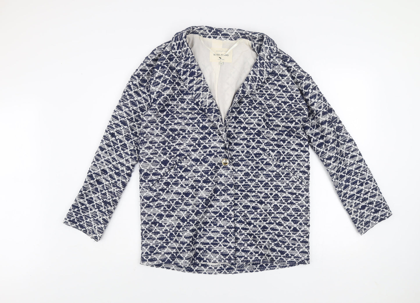 River Island Women Blue Geometric Blazer Jacket Size 8