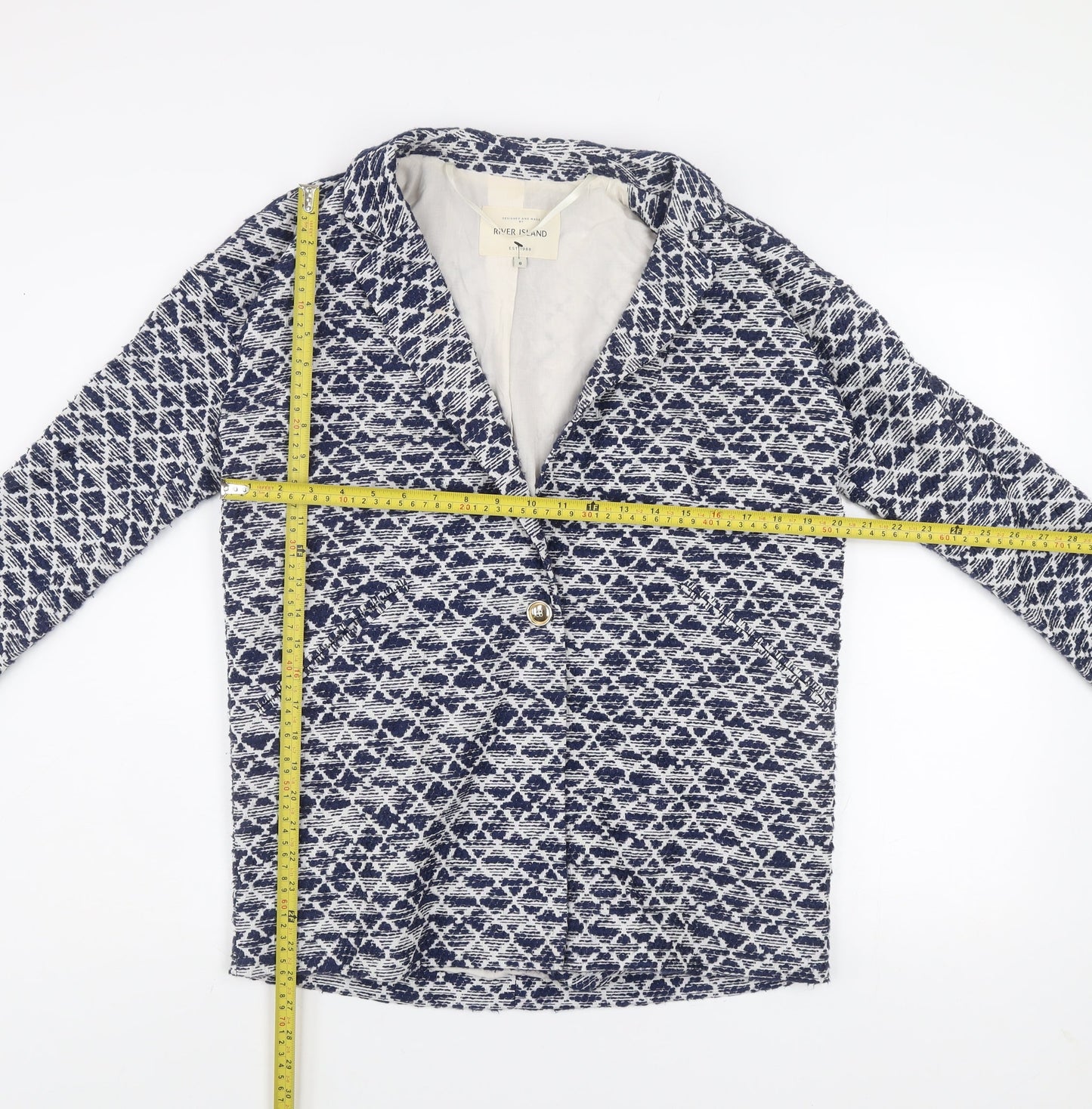 River Island Women Blue Geometric Blazer Jacket Size 8
