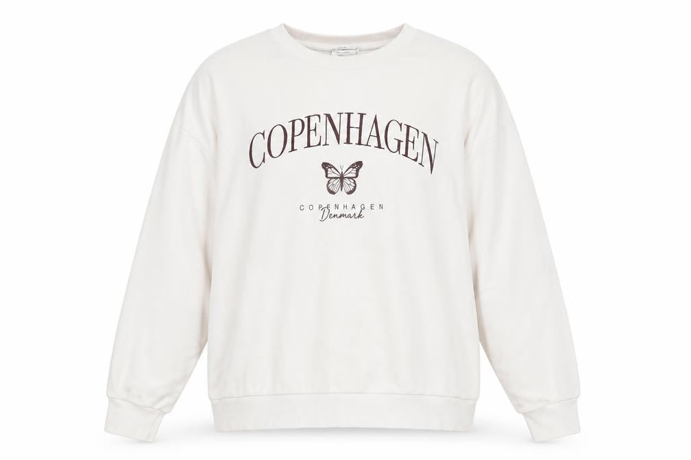 Stradivarius Women Beige Copenhagen Print Pullover Sweatshirt L