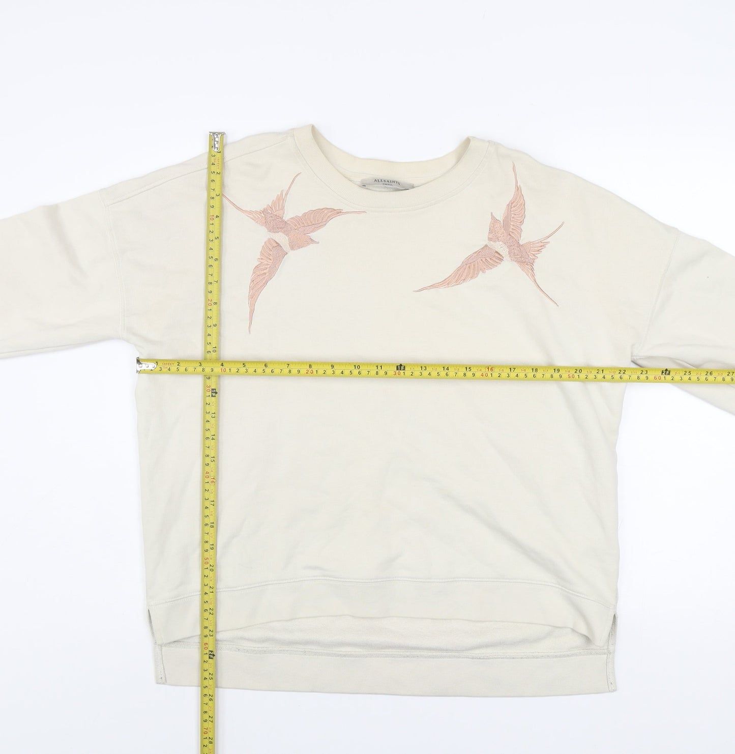 AllSaints Womens Beige Bird Embroidered Cotton Sweatshirt Size S