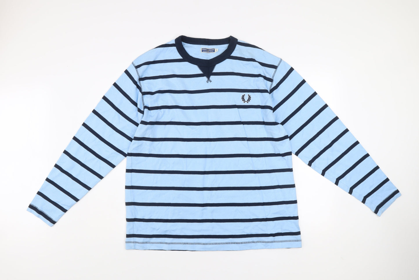 Fred Perry Men's Blue Striped Crew Neck Cotton Sweatshirt L