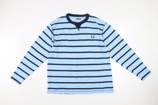 Fred Perry Men's Blue Striped Crew Neck Cotton Sweatshirt L