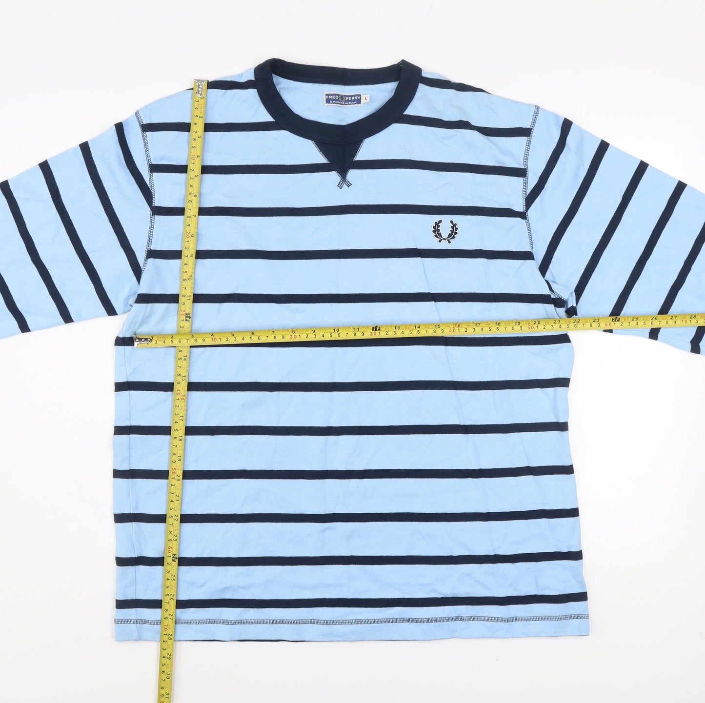 Fred Perry Men's Blue Striped Crew Neck Cotton Sweatshirt L