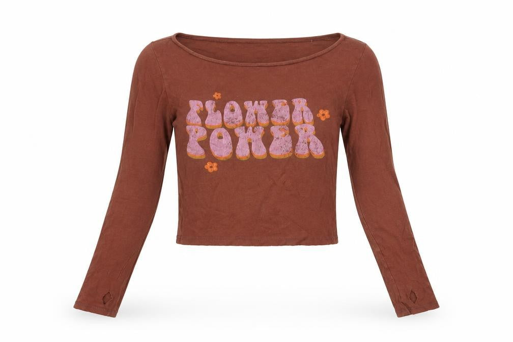 Bershka Womens Brown Flower Power Cropped Long Sleeve T-Shirt Size S