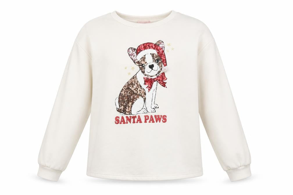 Lipsy Girls Ivory Christmas Dog Sequin Santa Paws Pullover Sweatshirt 13-14Y