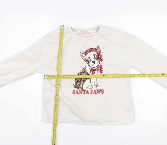 Lipsy Girls Ivory Christmas Dog Sequin Santa Paws Pullover Sweatshirt 13-14Y