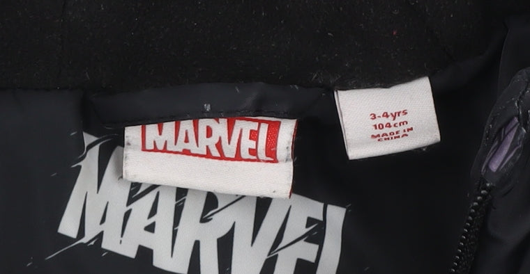 Marvel Boys Black Puffer Jacket 3-4 Years Hooded Winter Coat