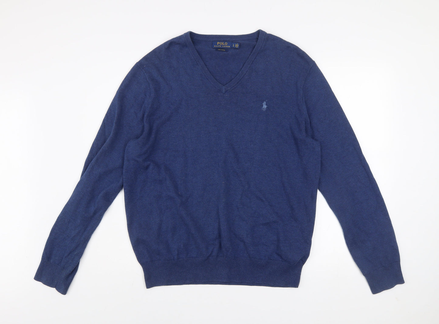 Ralph Lauren Men’s Blue Pima Cotton V-Neck Jumper Size L
