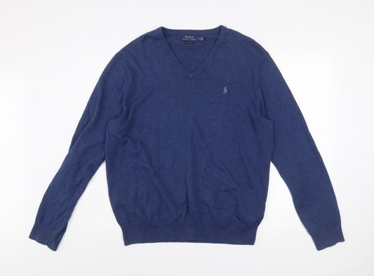 Ralph Lauren Men’s Blue Pima Cotton V-Neck Jumper Size L