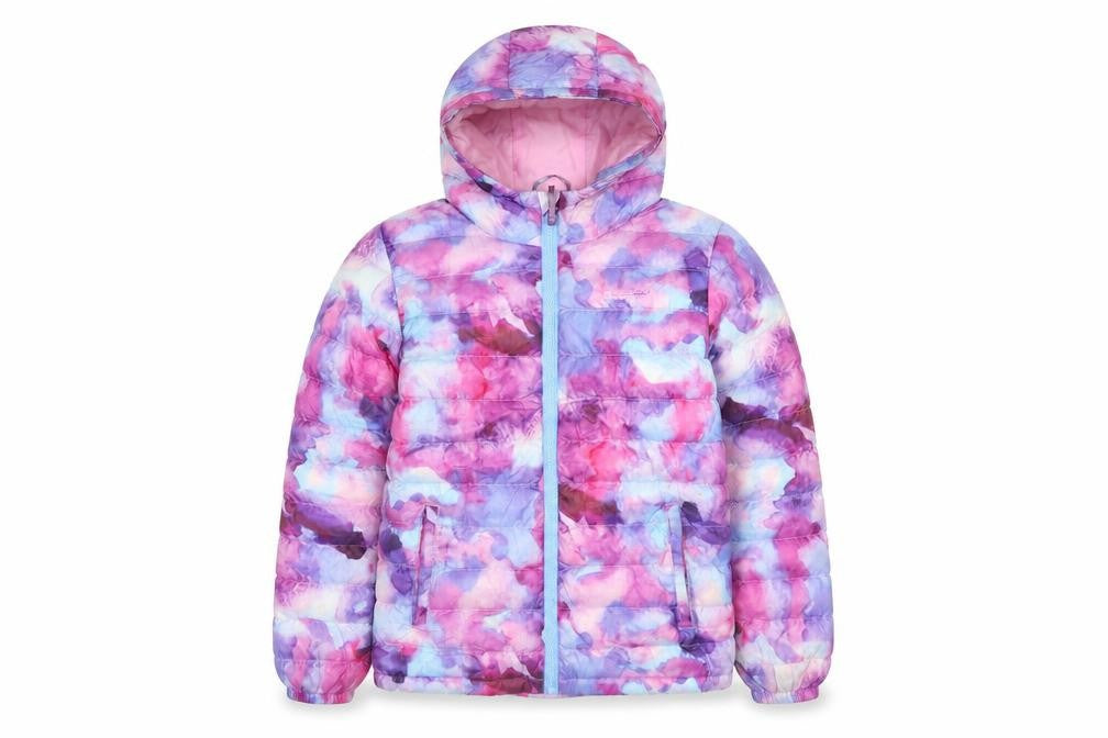 Front view of Mountain Warehouse girls’ multicoloured puffer jacket 11-12 years hooded water resistant