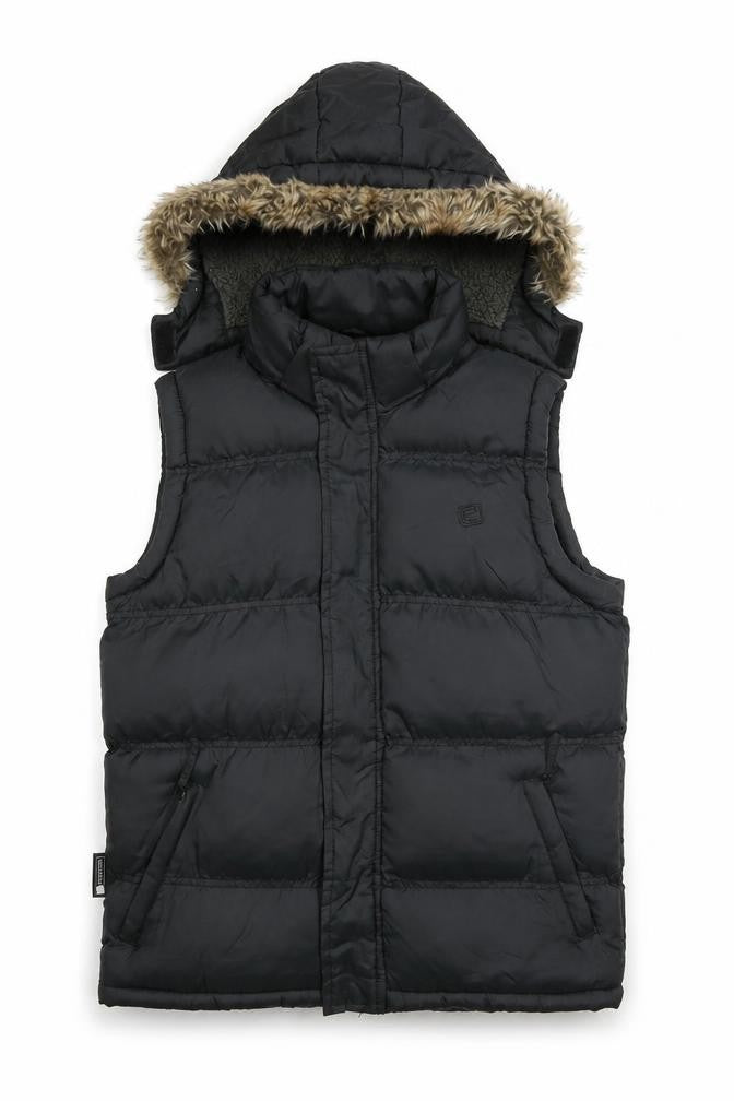 Front view of Mountain Essentials girls’ black puffer gilet hooded 13 years nylon