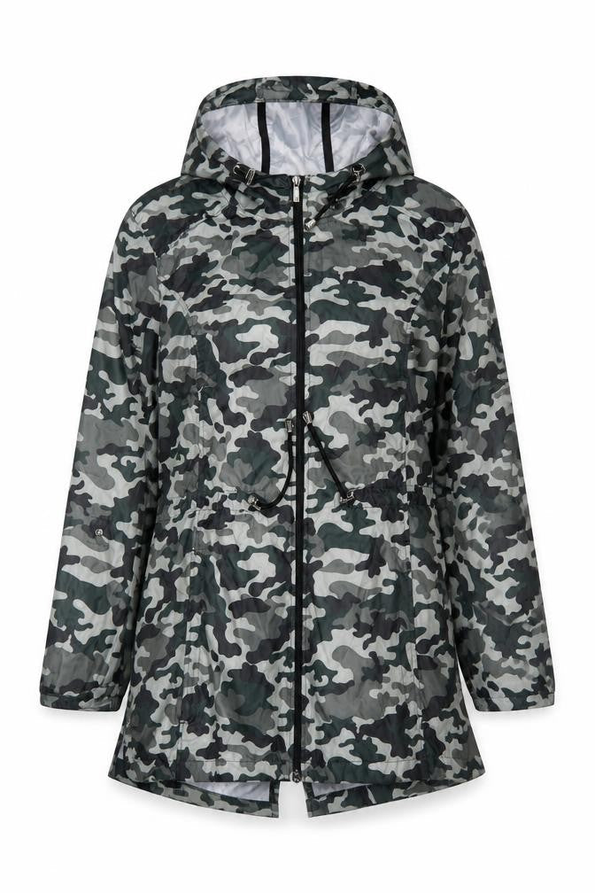 Susan Graver Womens Green Camo Hooded Rain Jacket Coat Size M