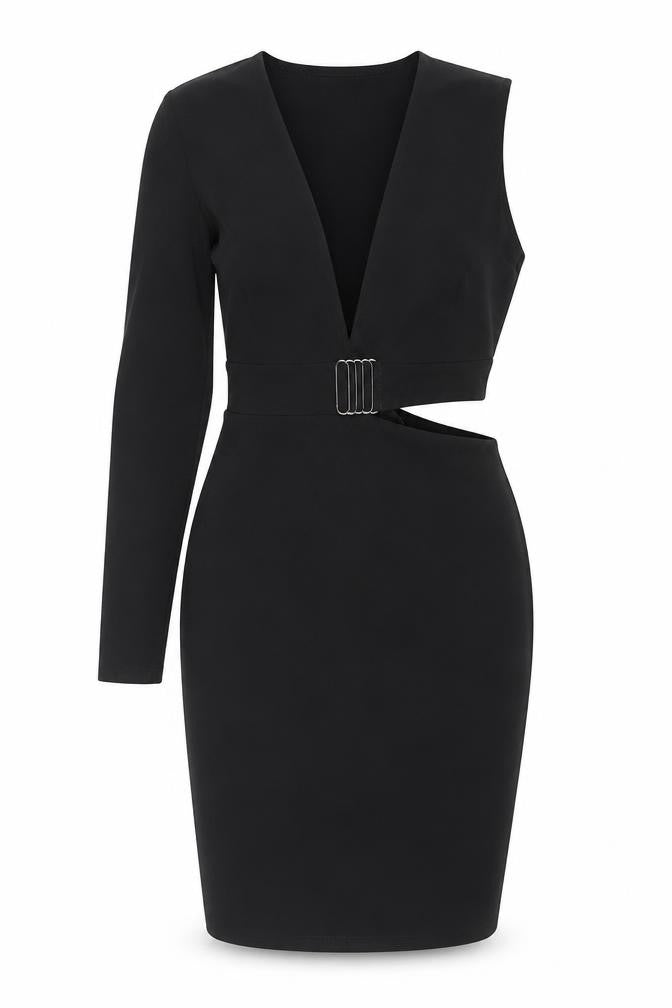 PrettyLittleThing Women’s Black Size 12 Bodycon Belted One Shoulder Dress