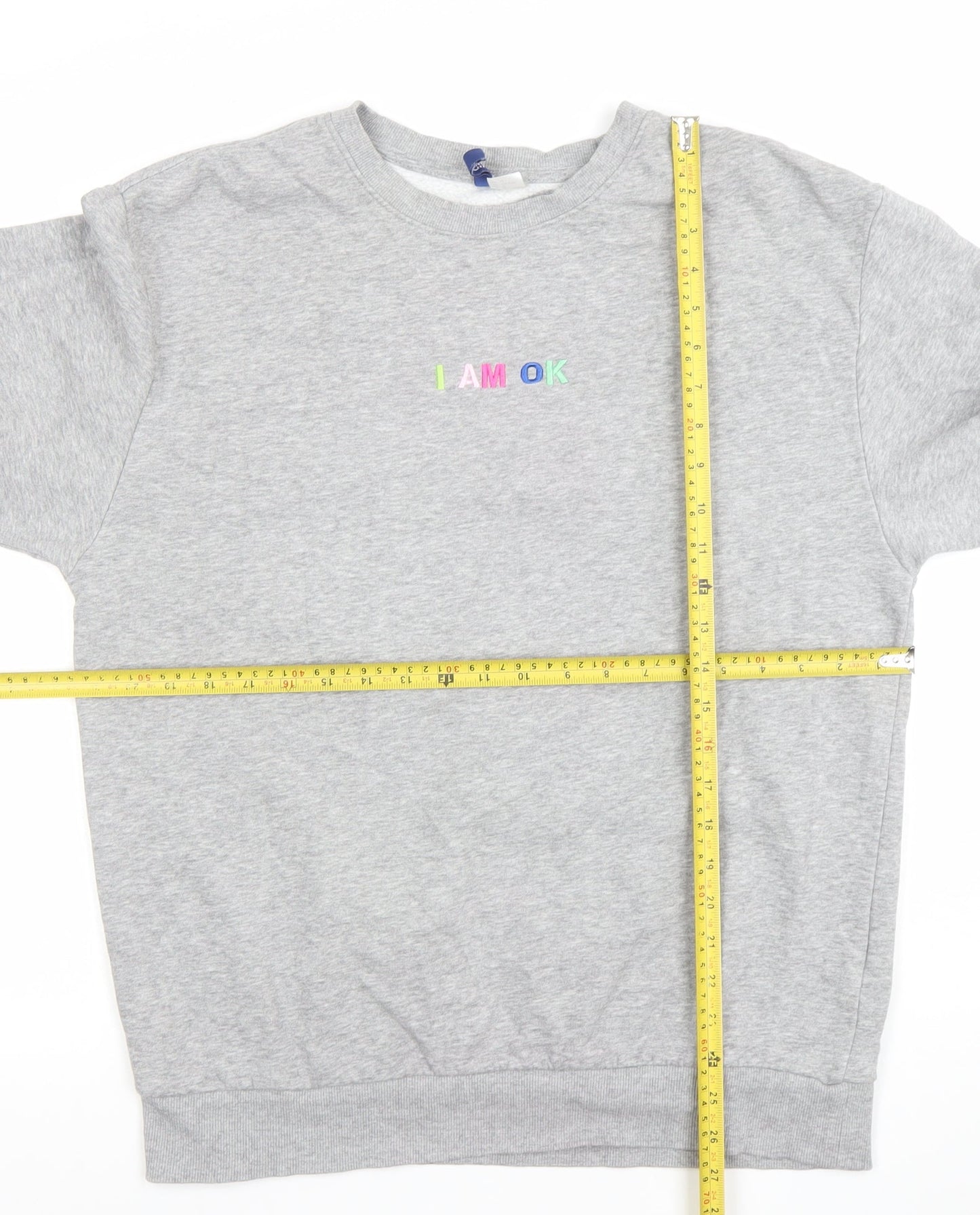 H&M Men's Grey Pullover Sweatshirt M Embroidered I AM OK