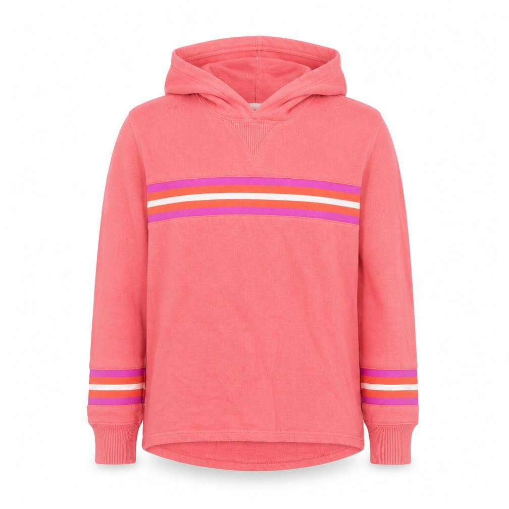 Front view of St. Bert's girls’ pink striped pullover hoodie 13-14 years cotton long sleeve