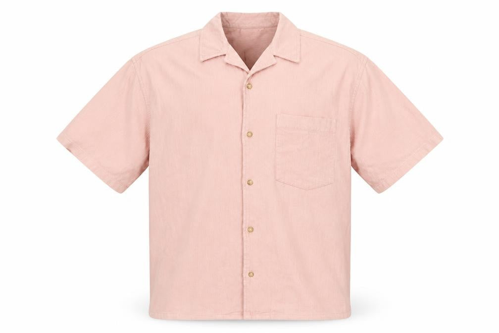 Front view of ASOS DESIGN Men's Pink Corduroy Short Sleeve Button-Up Shirt M