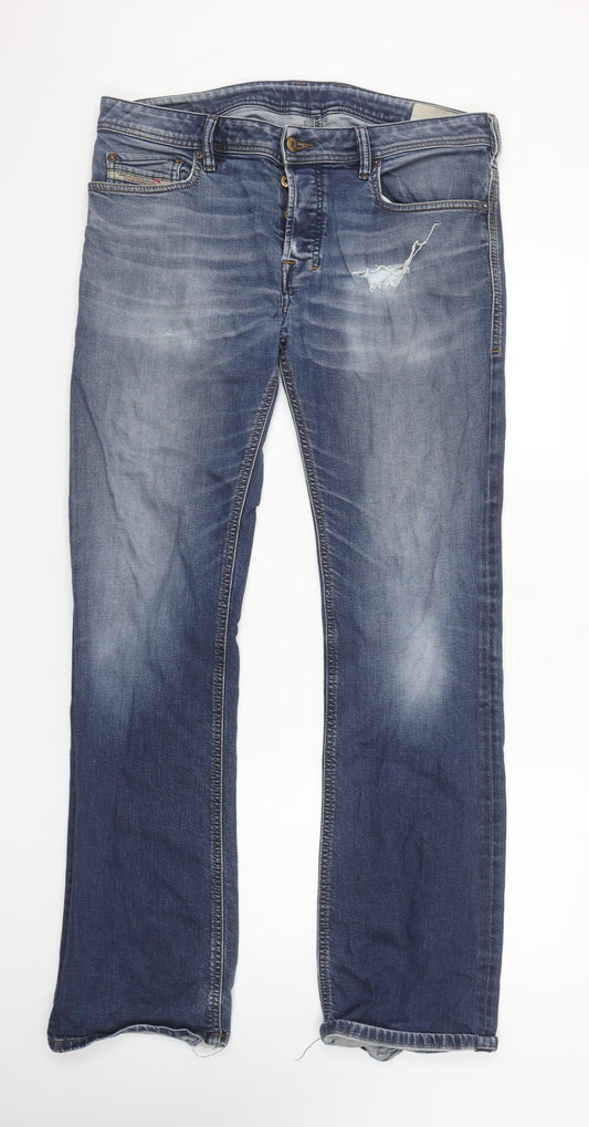 Diesel Men's Blue Distressed Straight Fit Denim Jeans Size 34