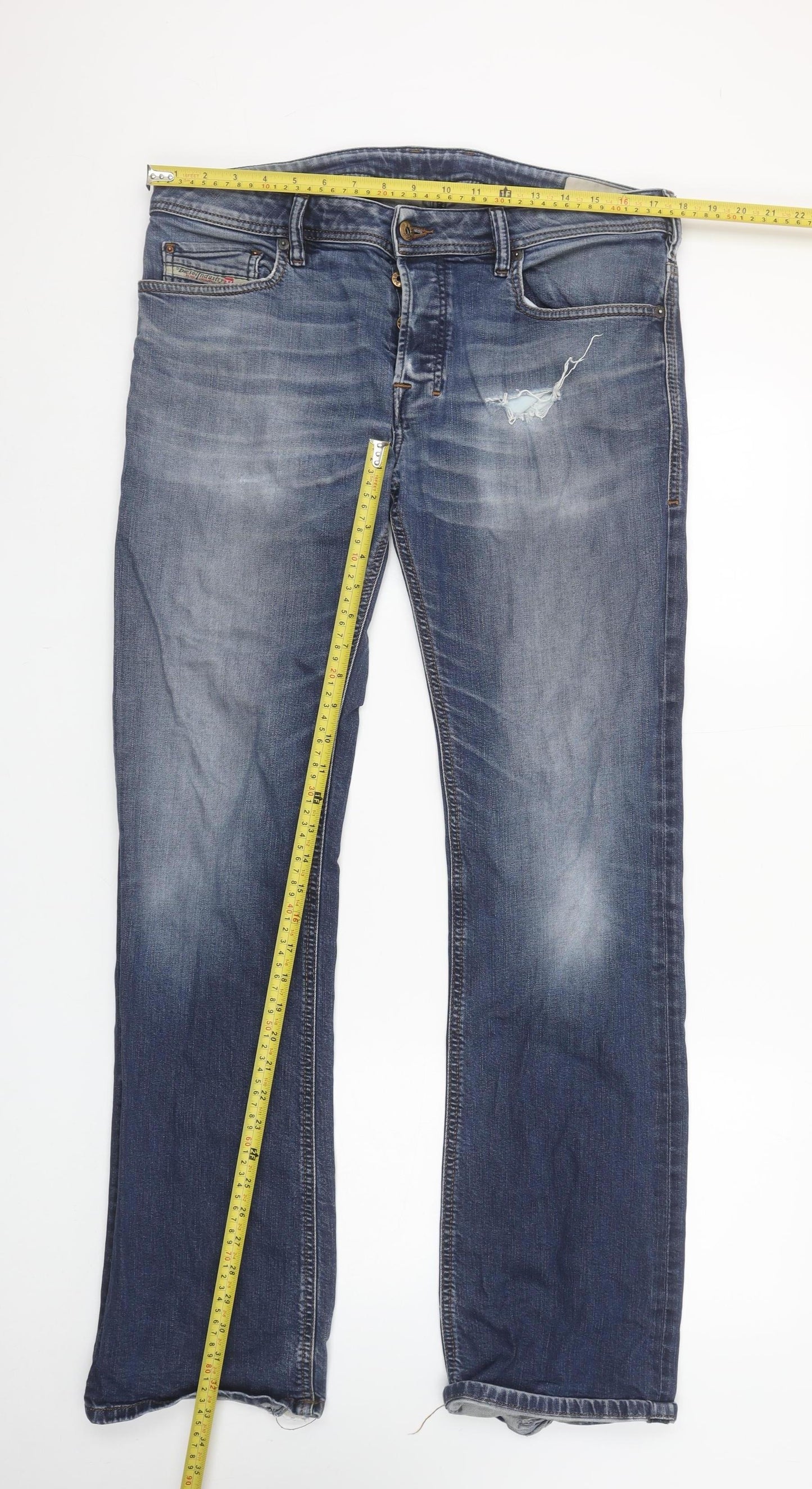 Diesel Men's Blue Distressed Straight Fit Denim Jeans Size 34