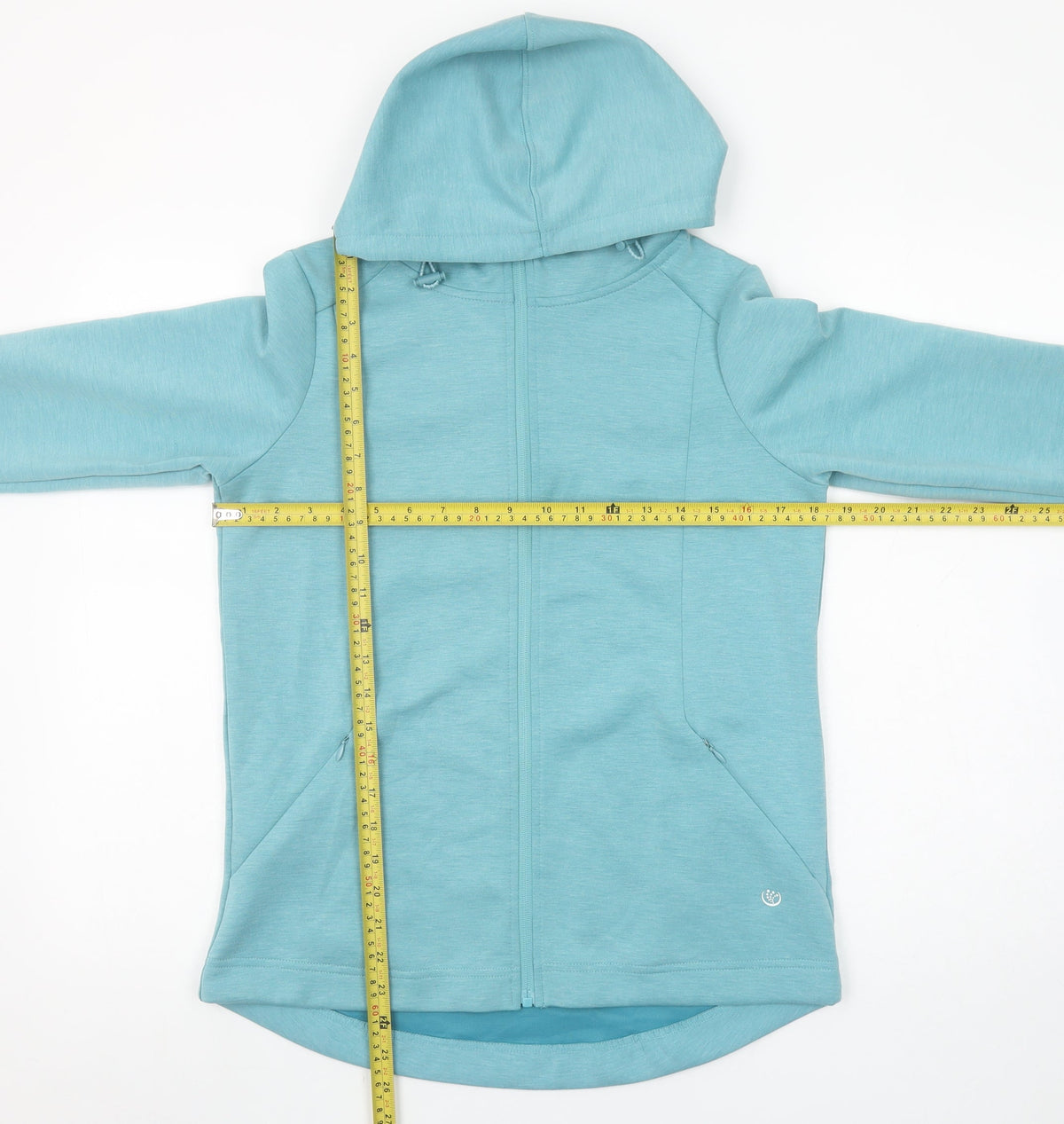 Back view of Dunnes women’s teal xs full zip hoodie polyester blend