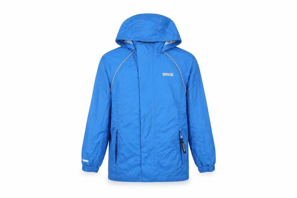 Front view of Regatta boys’ blue hooded rain coat 9-10 years waterproof outdoor jacket