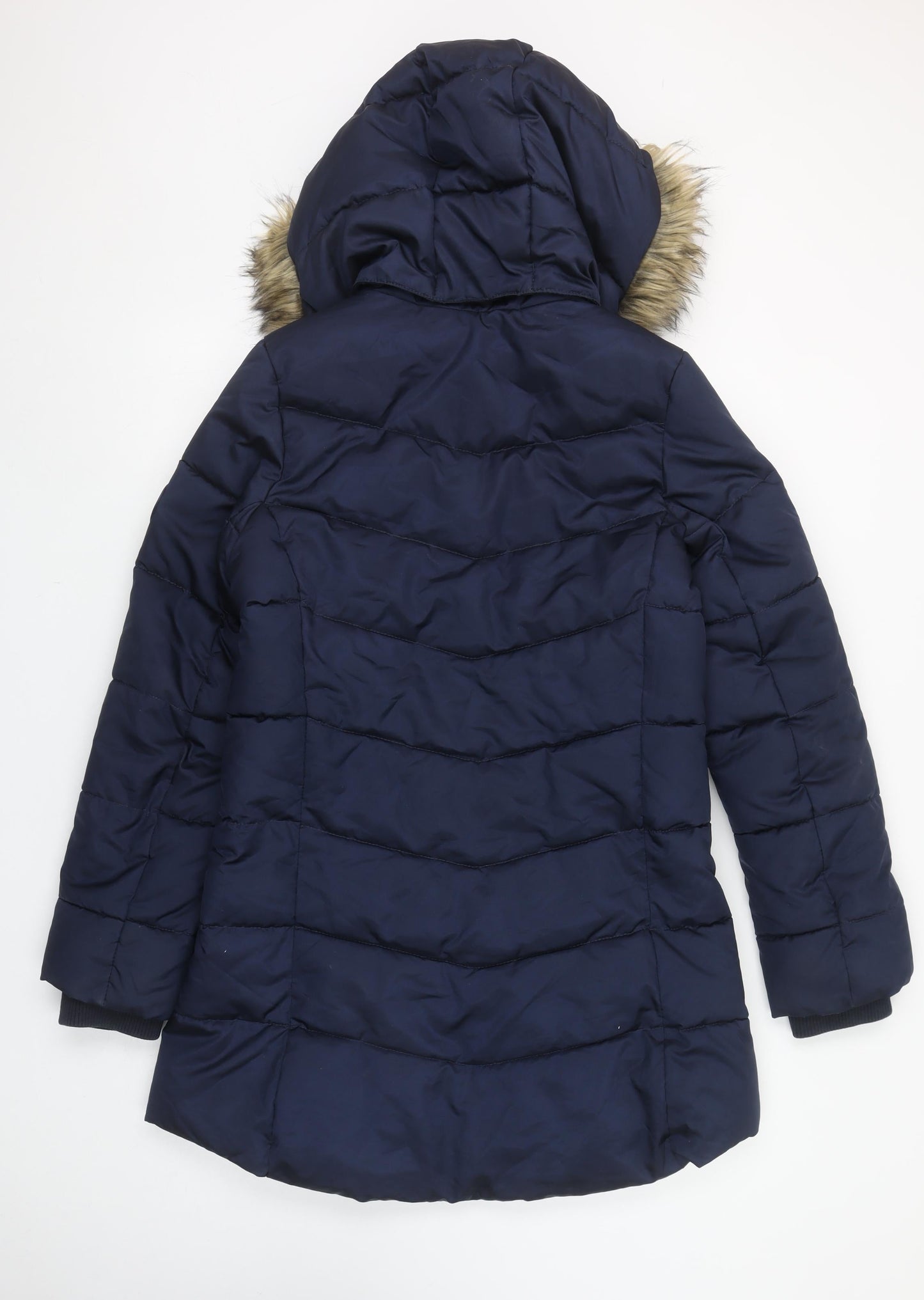 H&M Women's Navy Hooded Puffer Coat Faux Fur Trim Size 14Y