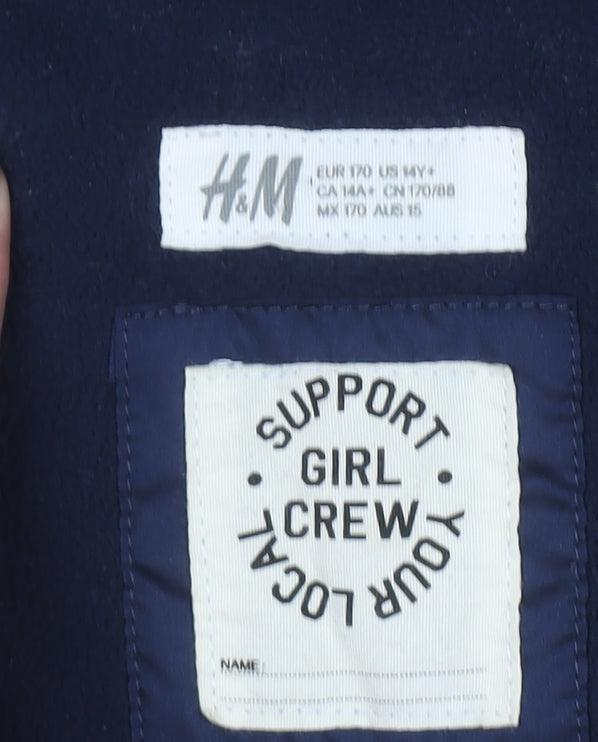 H&M Women's Navy Hooded Puffer Coat Faux Fur Trim Size 14Y