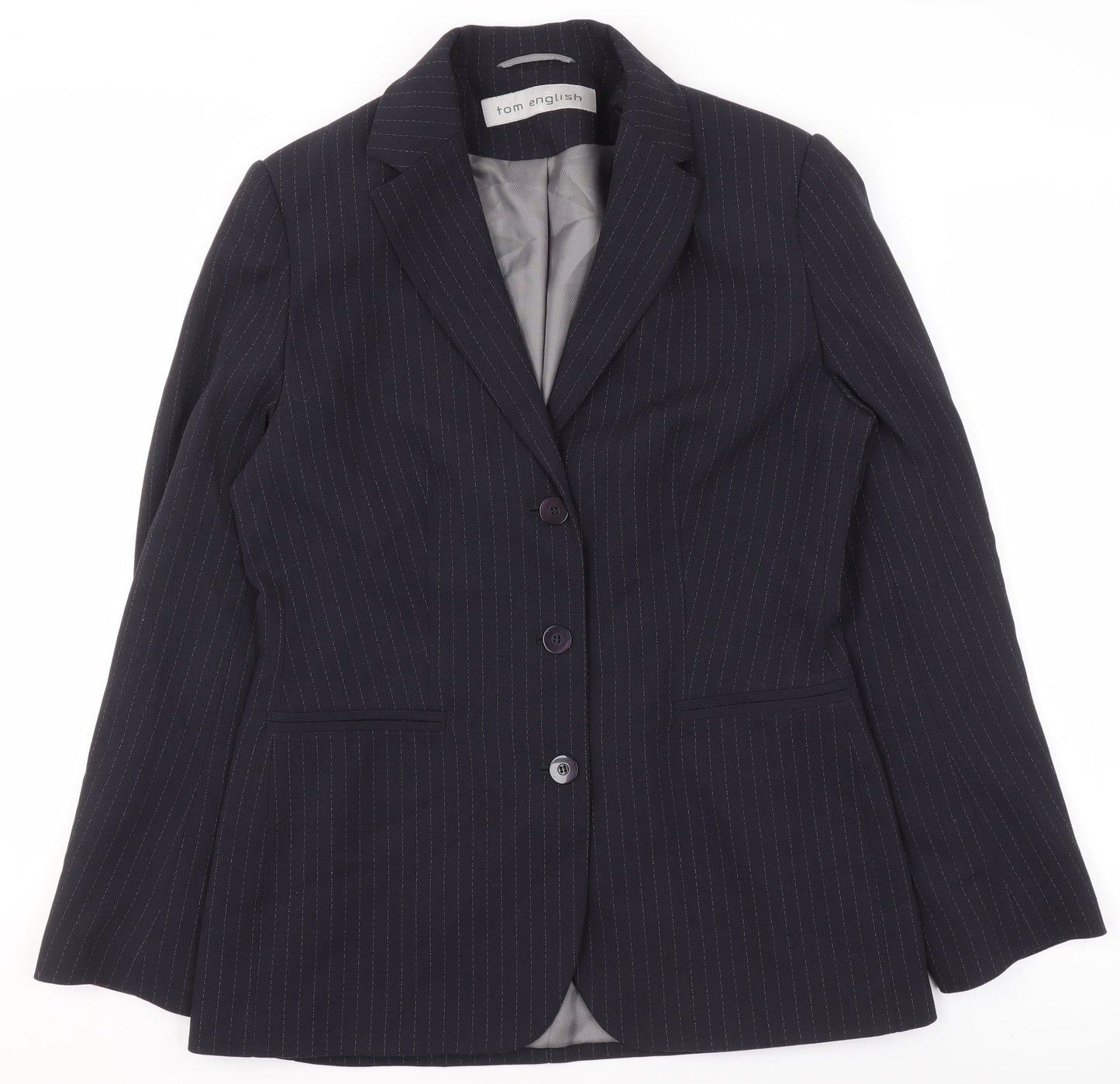 Tom English Women Black Pinstripe Single-Breasted Suit Jacket Size 10