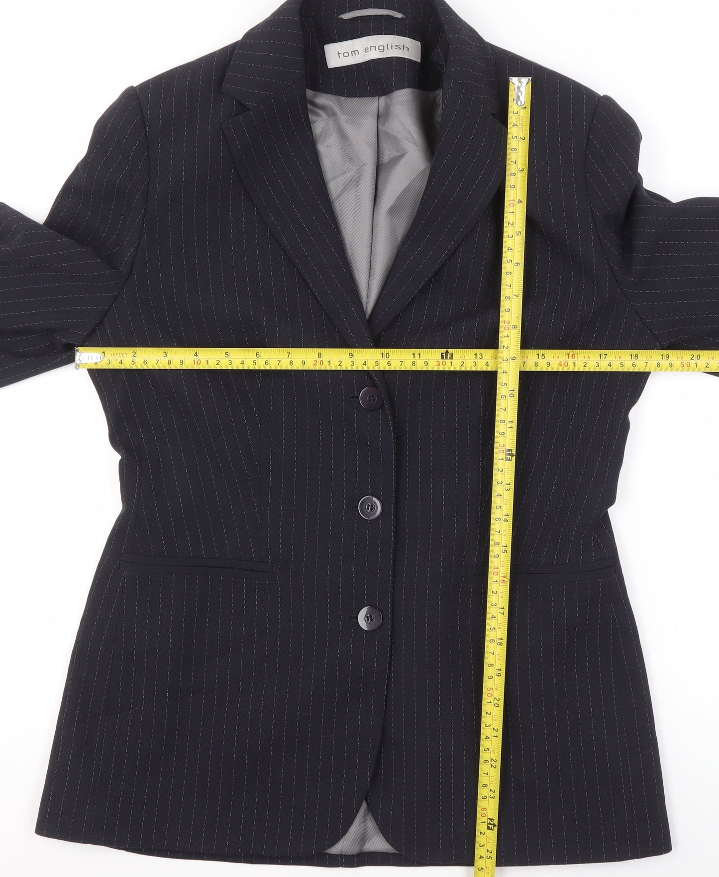 Tom English Women Black Pinstripe Single-Breasted Suit Jacket Size 10