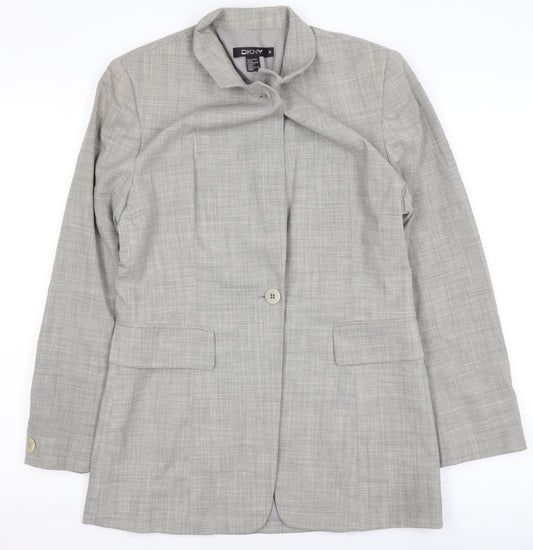 DKNY Women's Grey Single-Breasted Wool Blazer Size 12 Tailored Fit