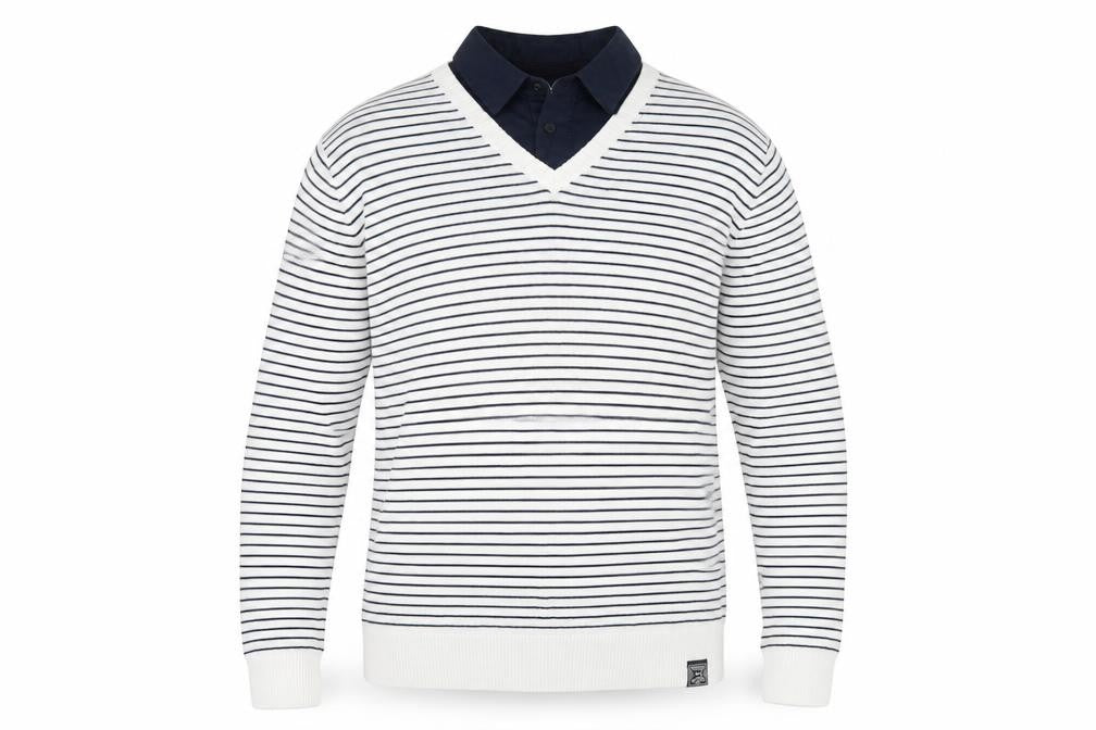 Kensington Dockside Mens White Striped V-Neck Jumper Size 2XL