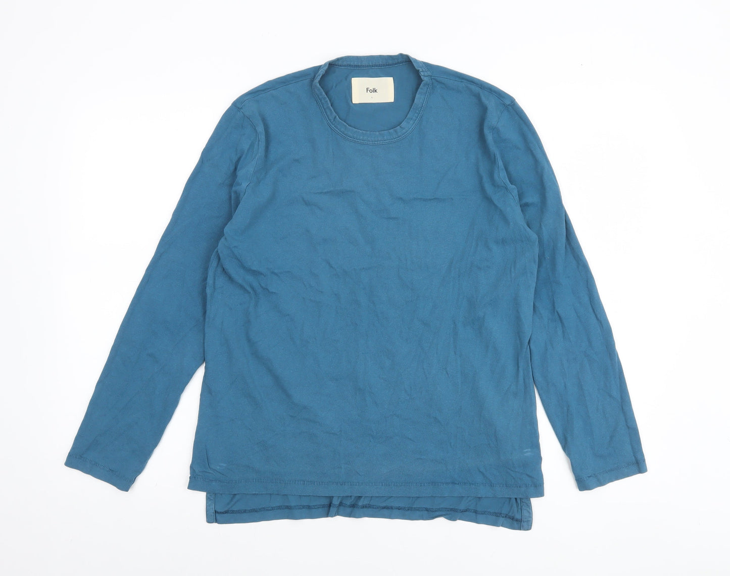 Folk Blue Long Sleeve Cotton Crew Neck Women's T-Shirt Size S