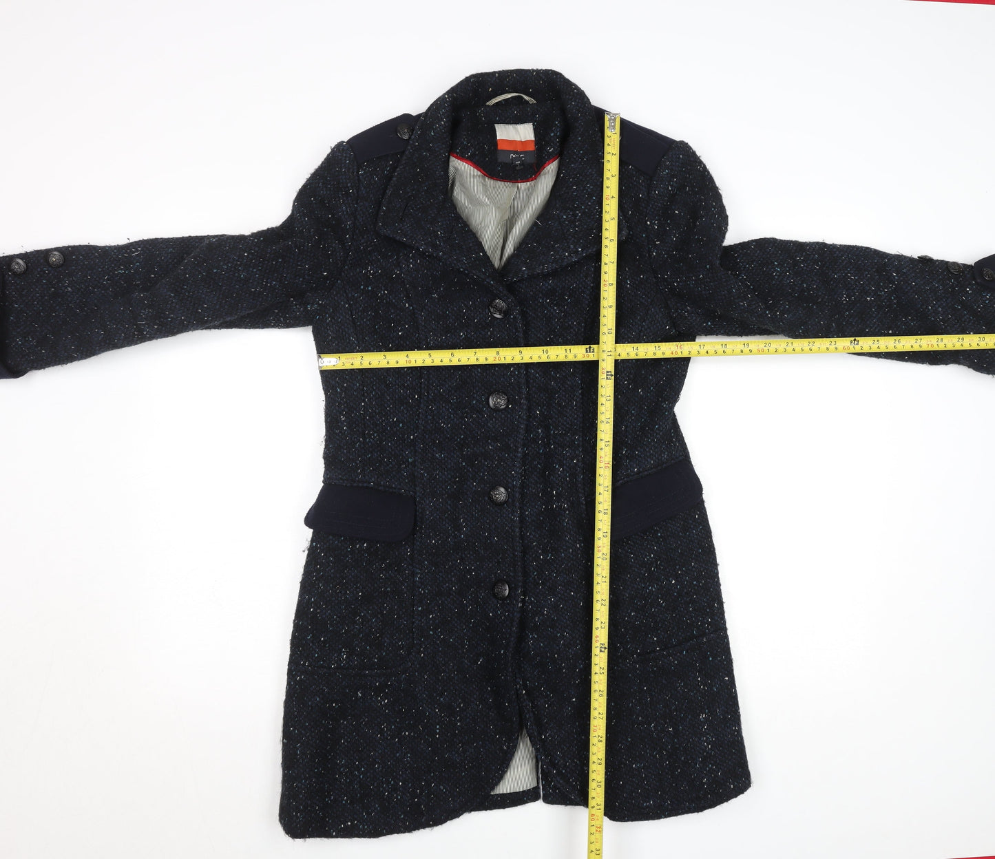 Next Women Blue Wool Tweed Military Coat Size 12 Long Sleeve