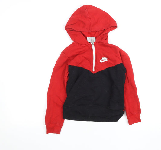 Nike Boys Red & Black 1/2 Zip Hoodie 5-6 Years Fleece Cotton Blend