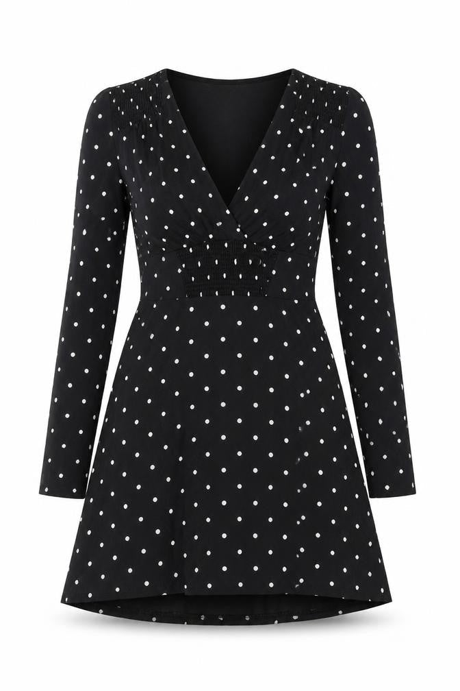 Front view of Miss Selfridge Women Black Polka Dot V-Neck Fit & Flare Dress, size 8