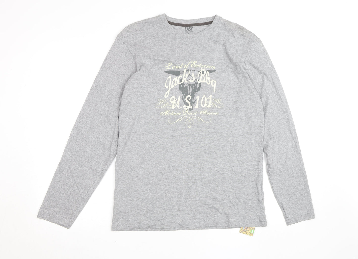 Easy Mens Grey Long Sleeve Graphic Crew Neck Cotton Top Size S