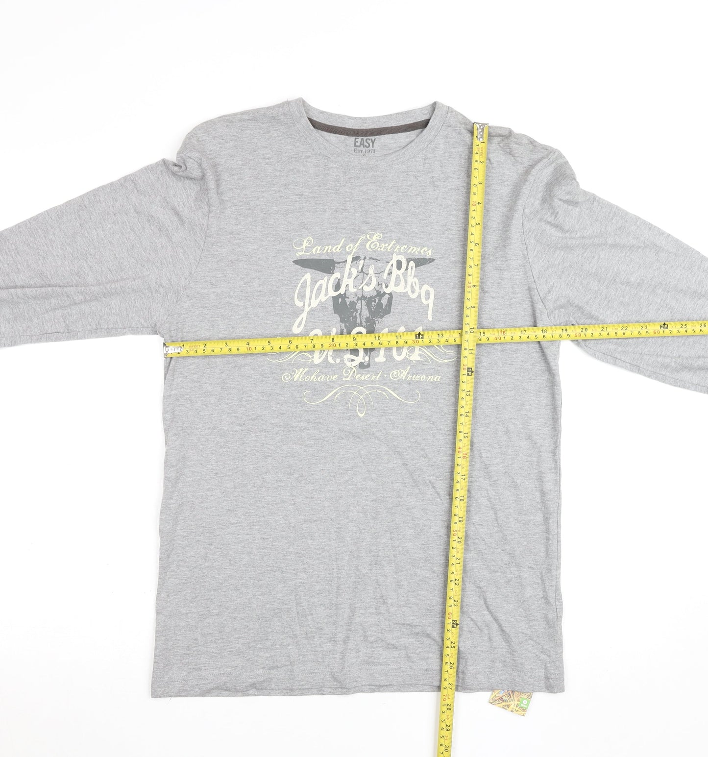 Easy Mens Grey Long Sleeve Graphic Crew Neck Cotton Top Size S