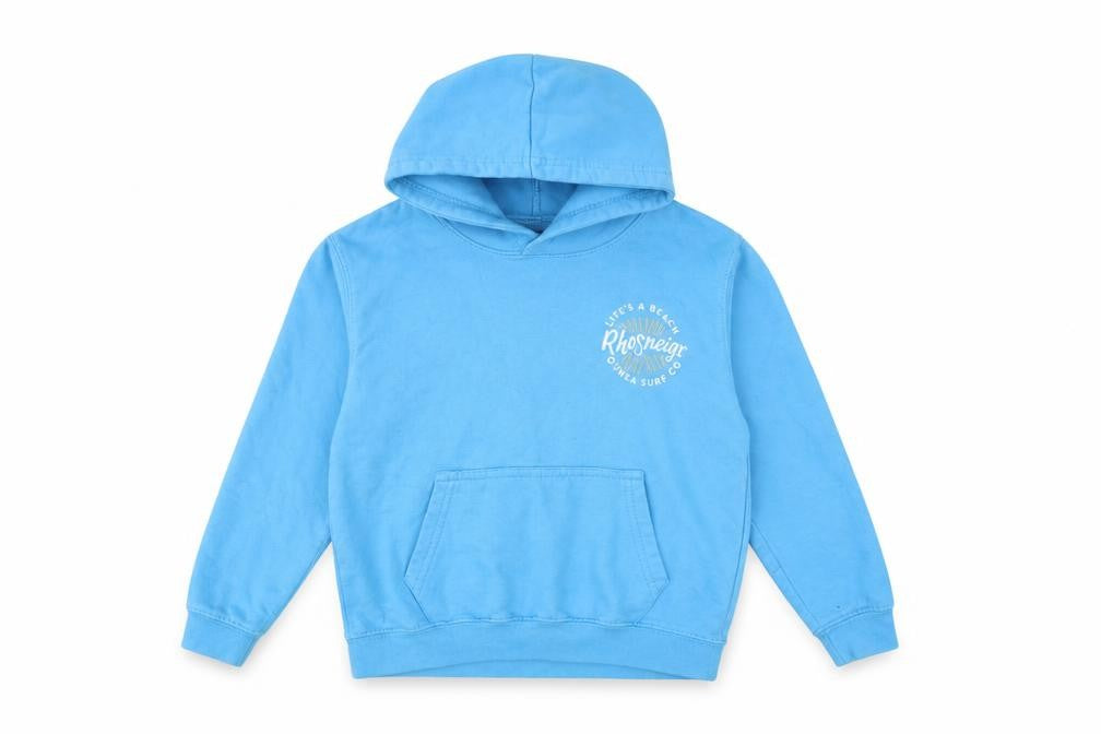 Front view of O'Shea boys’ blue pullover hoodie m graphic surf logo cotton blend