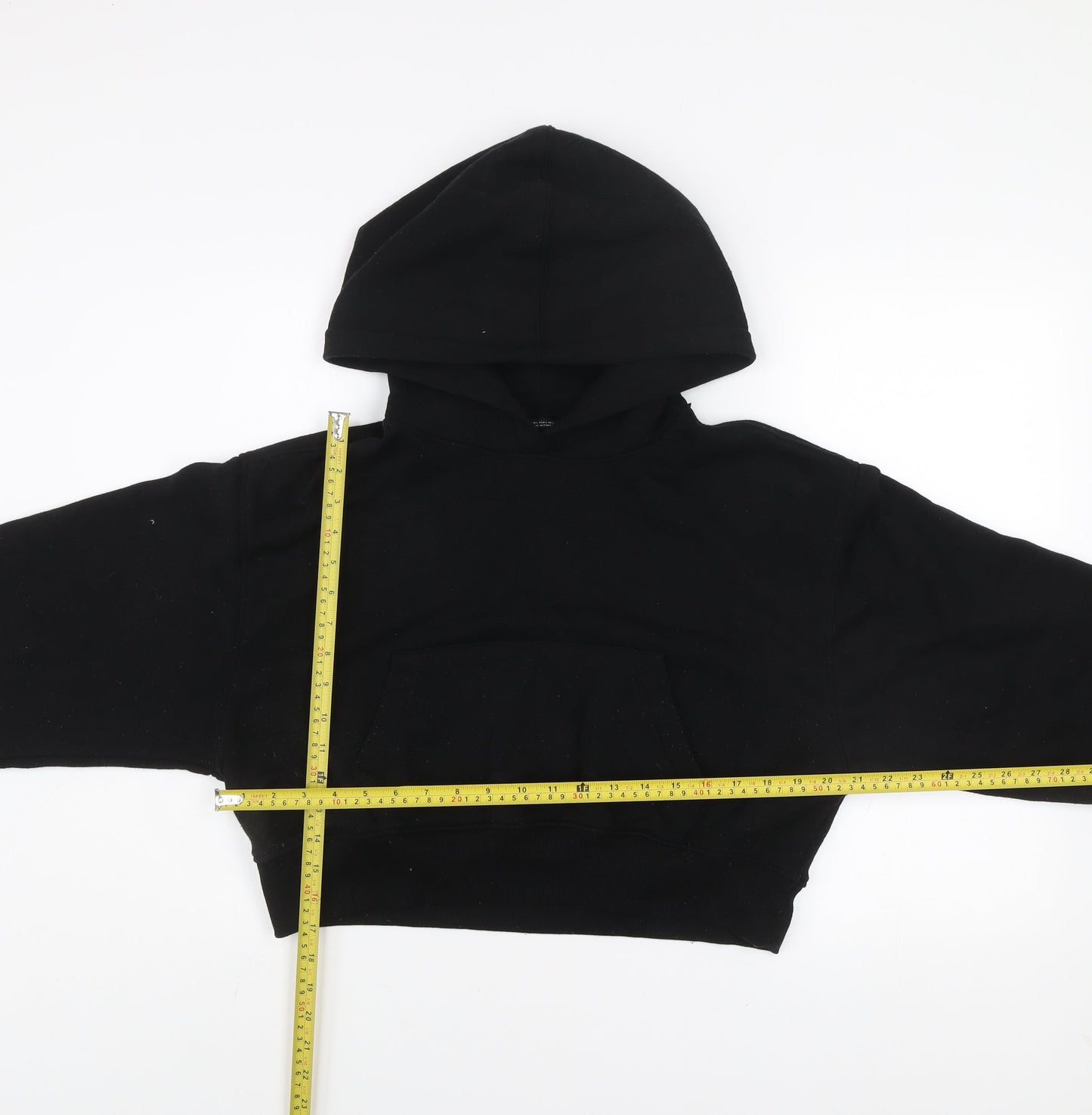 Zara Women Black Cropped Pullover Hoodie Size L Relaxed Fit
