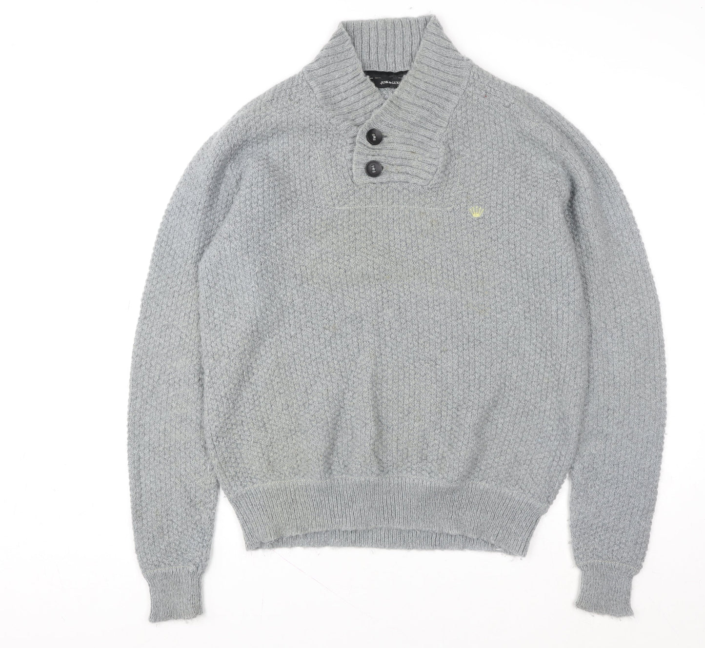 Junk de Luxe Men Grey XL Chunky Knit Mohair Henley Jumper