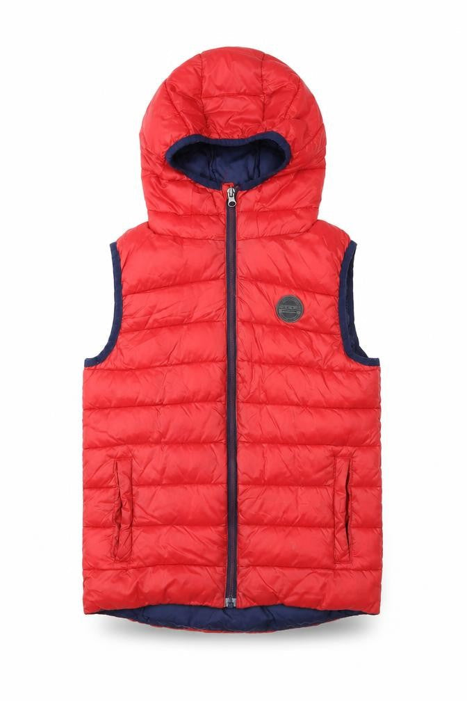 Front view of Next boys’ red hooded puffer gilet 8 years quilted nylon waistcoat