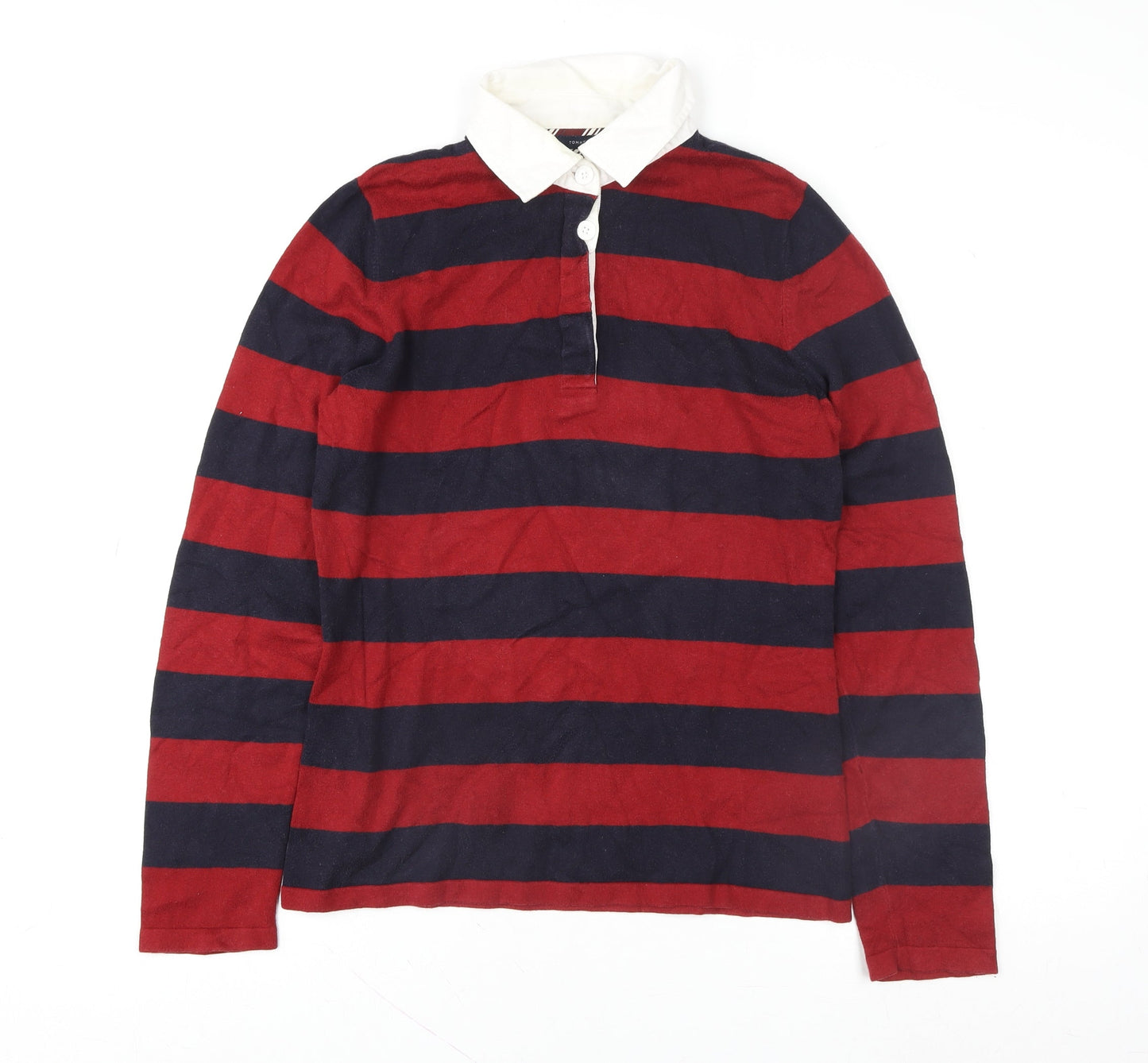 Tommy Hilfiger Men's Red Navy Striped Rugby Shirt L Long Sleeve Cotton